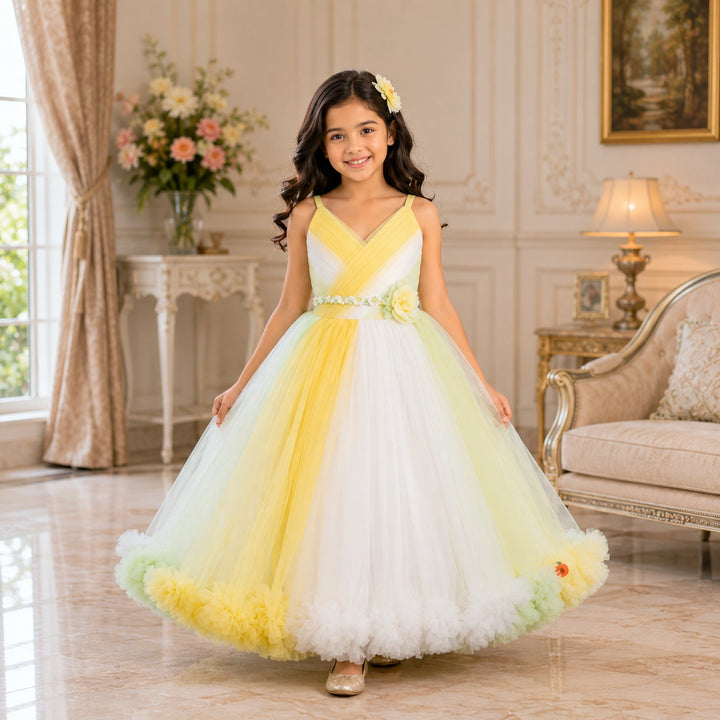 Multi Yellow Sheded Gown for Girls