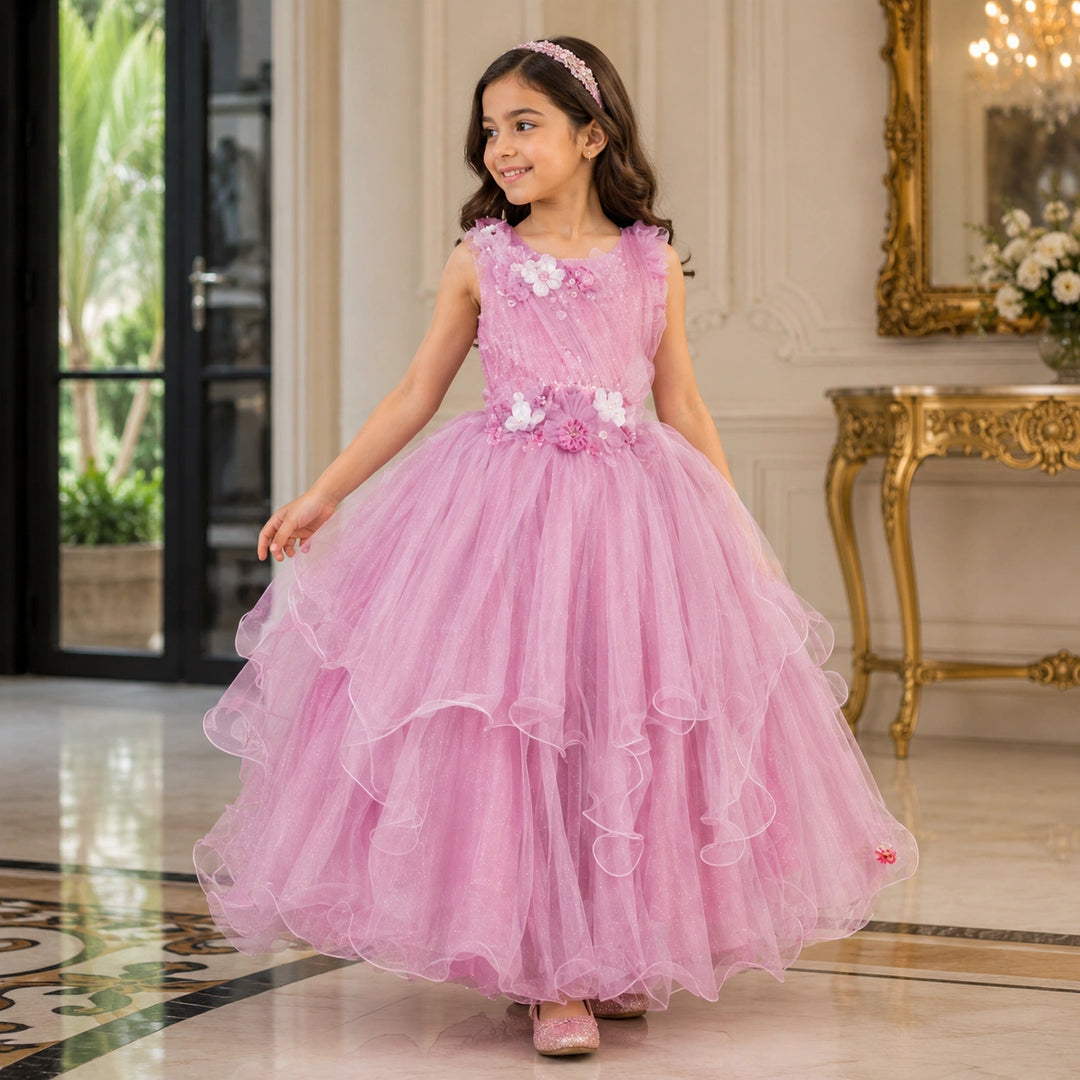 Onion Glittery Curly Net Girls Gown