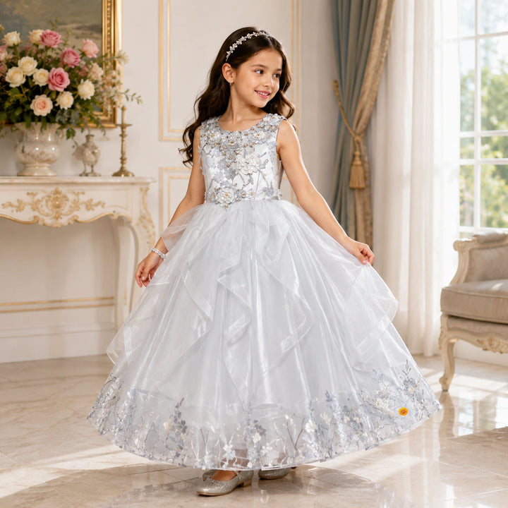 Grey Floral Gown for Girls
