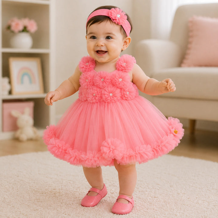Tomato & Yellow Floral Baby Frock