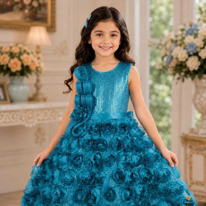 Sequin Floral Pattern Gown for Girls
