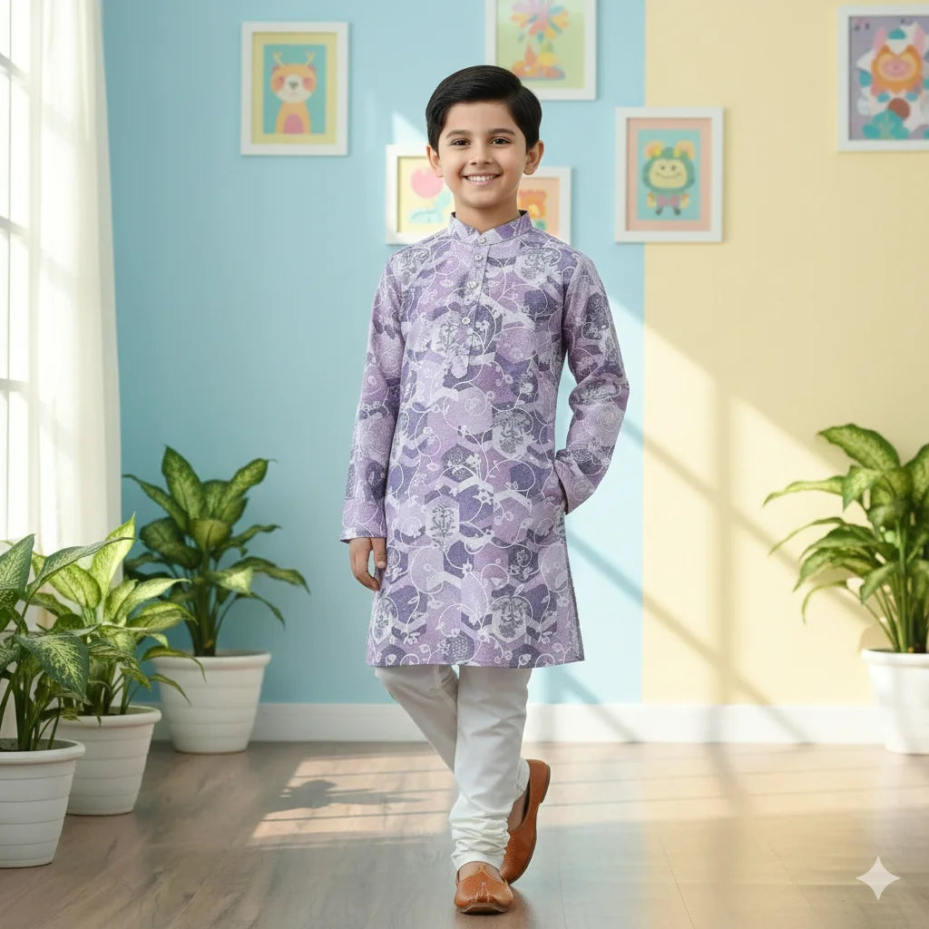 Purple Printed Boys Kurta Pajama Set