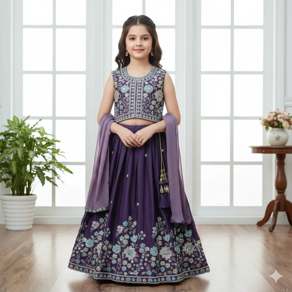 Purple Traditional Embroidered Lehenga Set for Girls