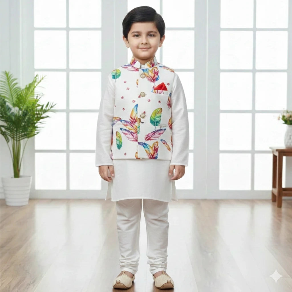 Cream Boys Ethnic Set with Printed Jacket Sherwani
