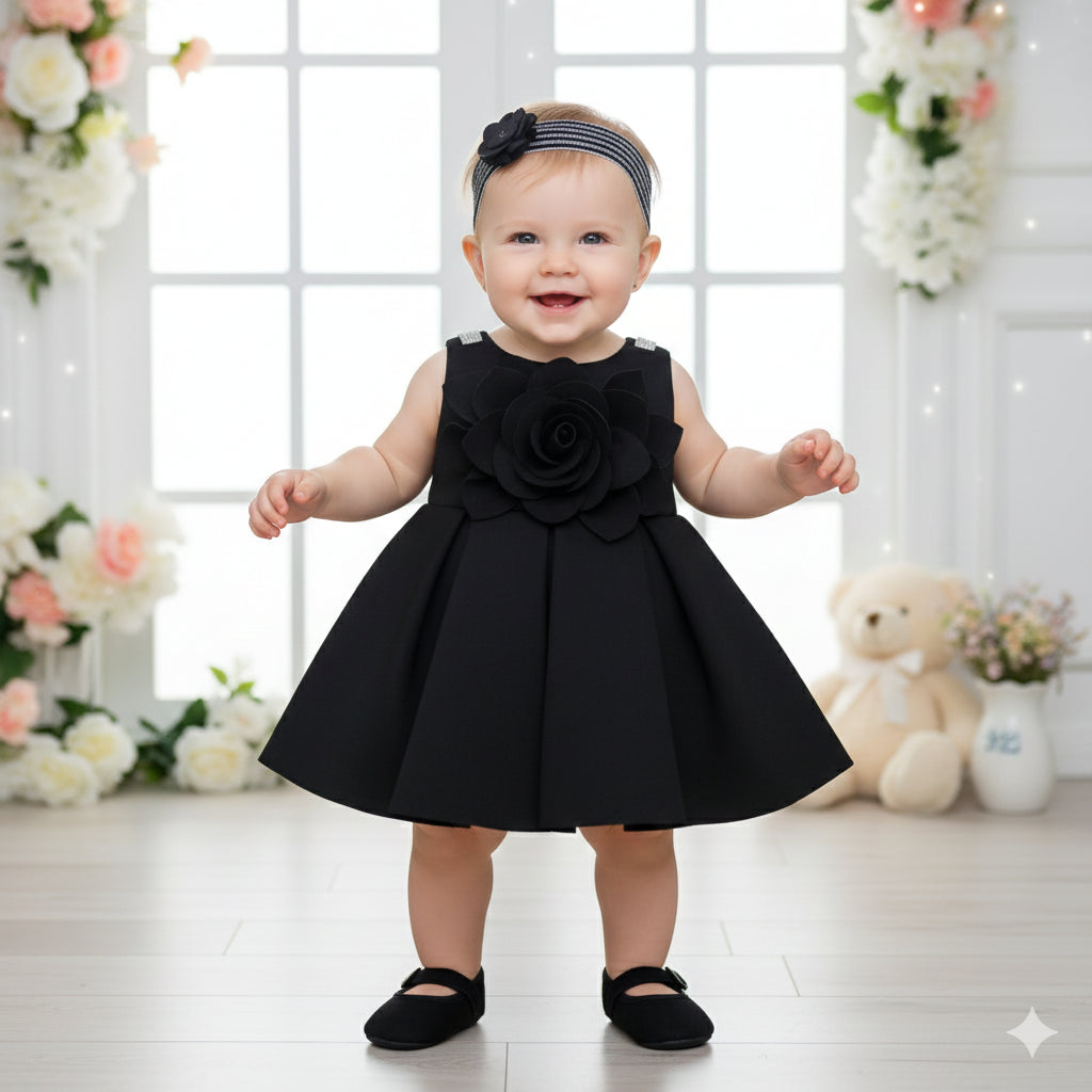 Girls Black Partywear Frock with Matching Shoes & Hairband