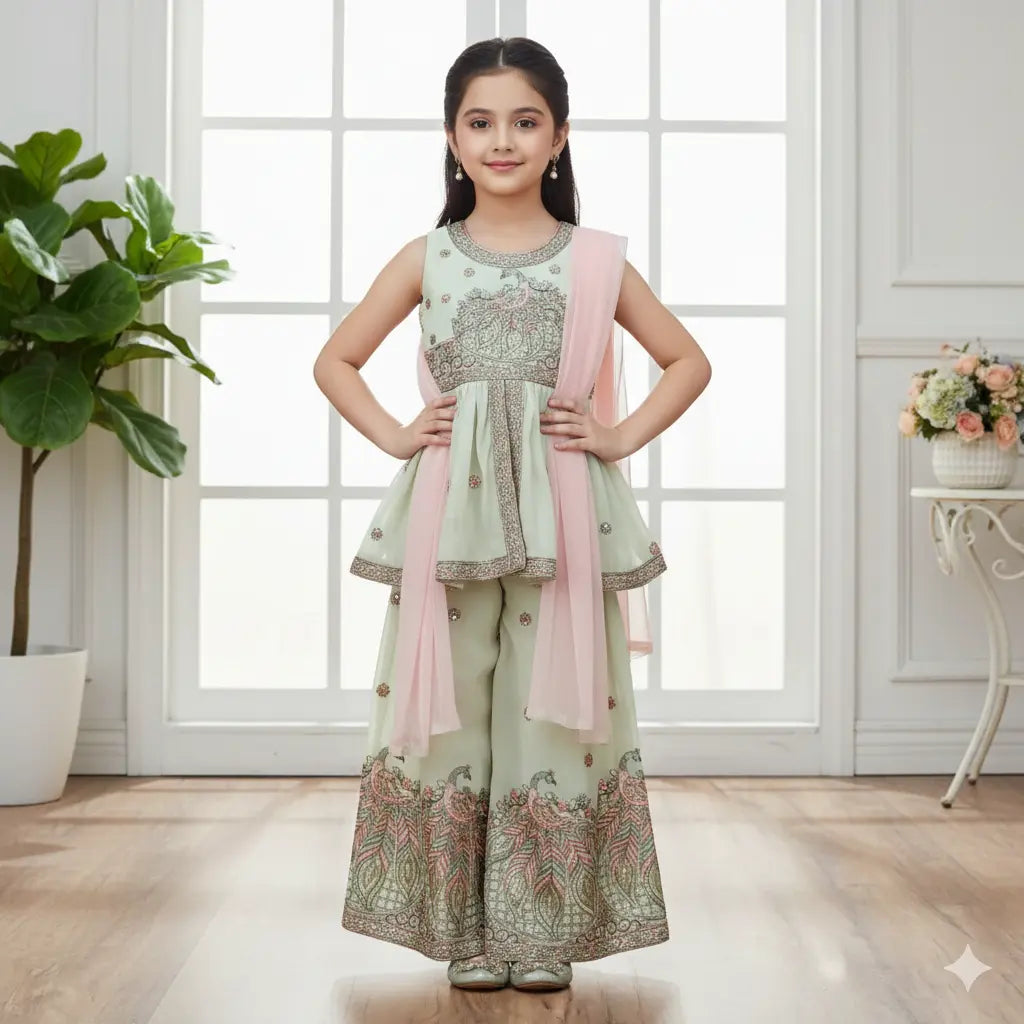 Fawn Embroidered Palazzo Set for Girls | Festive Ethnic Wear