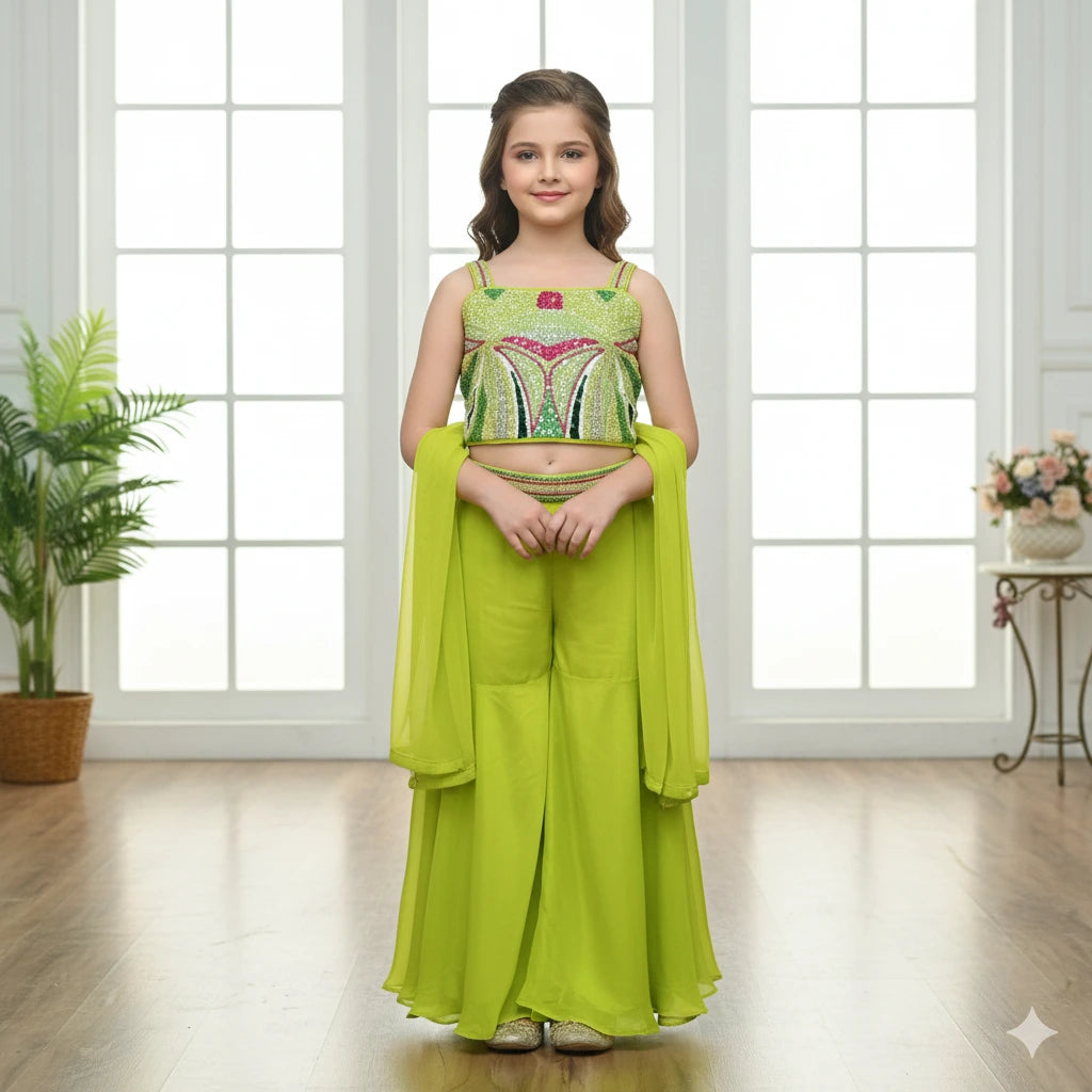 Parrot Green Embroidered Plazo Set for Girls