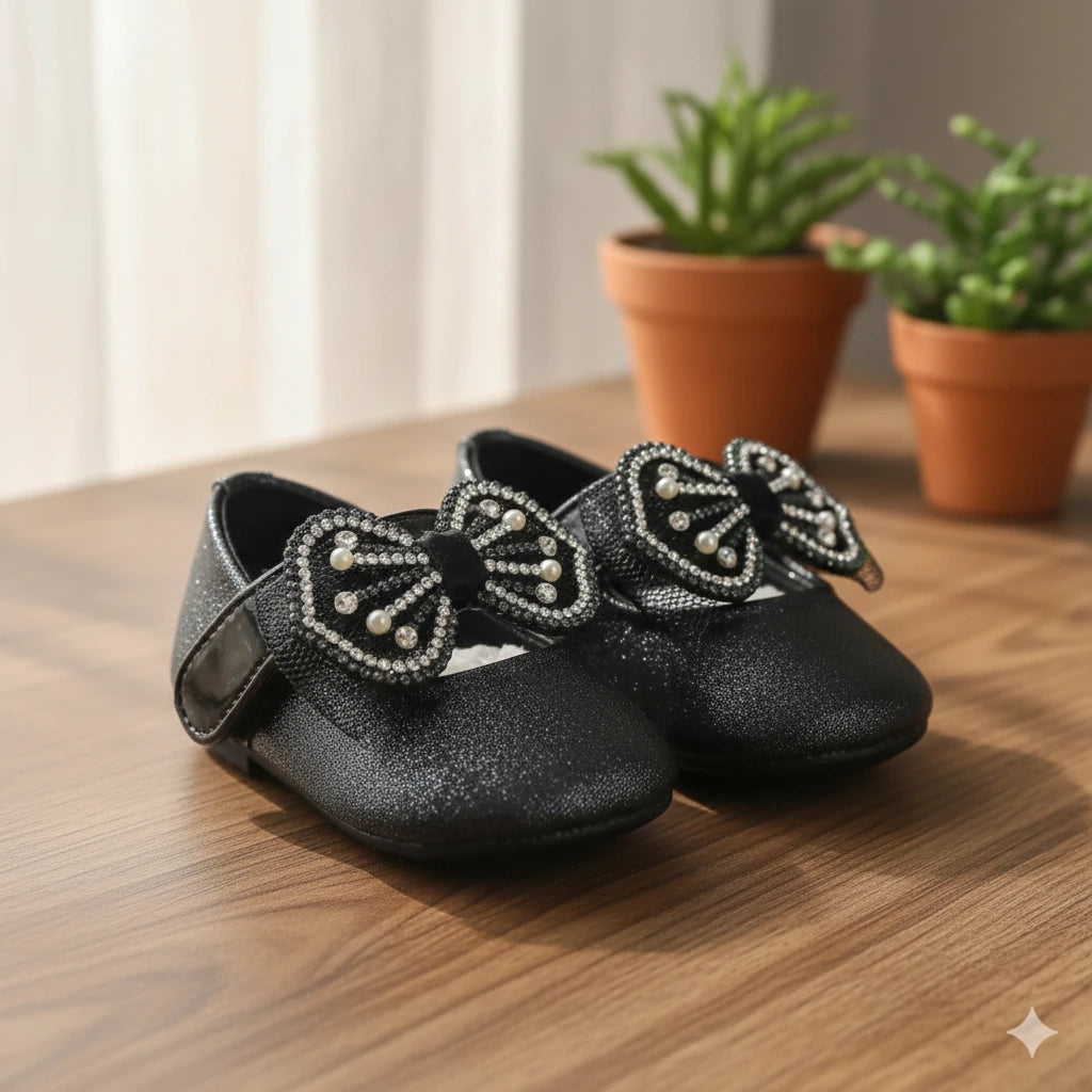 Black Party Wear Bellies with Heavy Bow for Girls