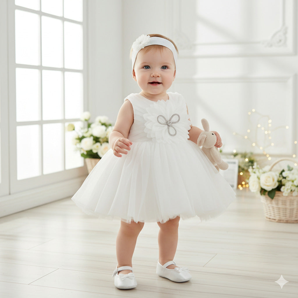 White Baby Partywear Frock Set for Girls with Shoes & Hairband