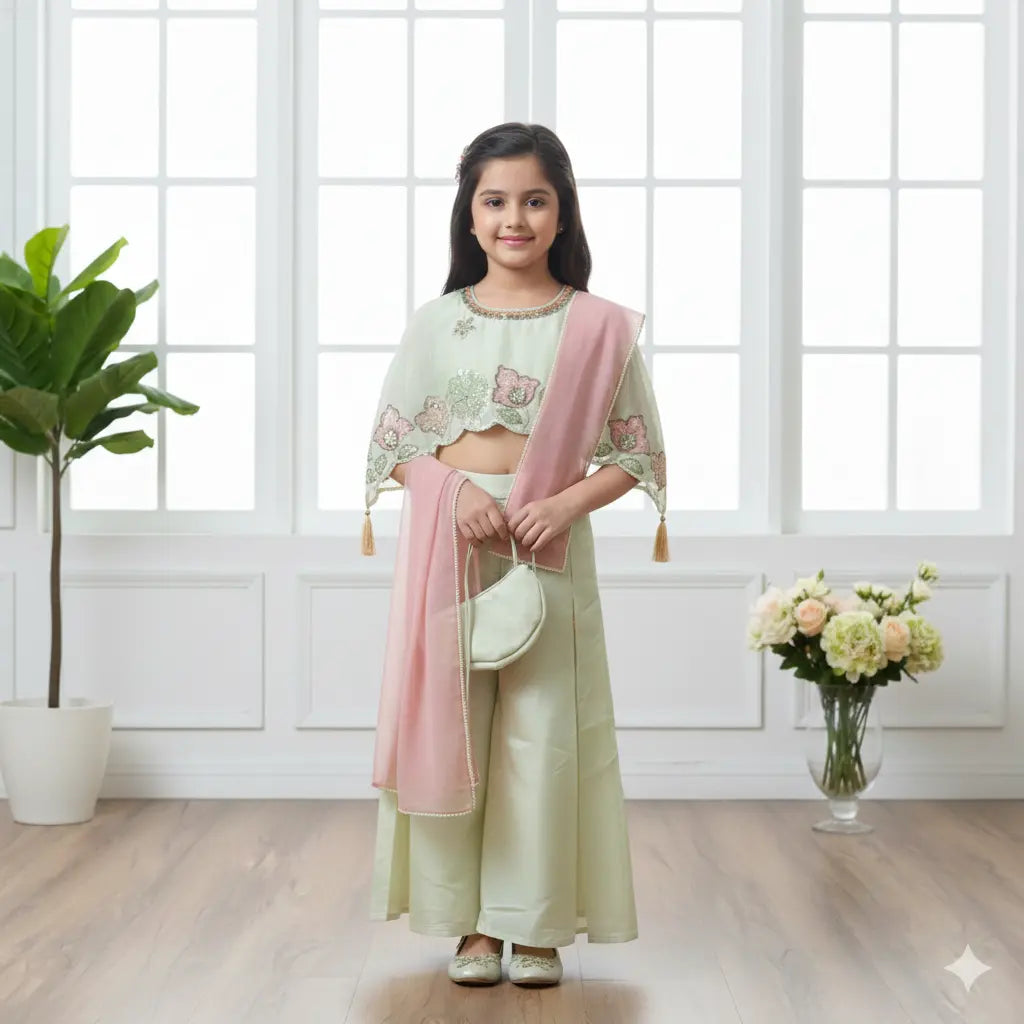 Fawn Embroidered Palazzo Set for Girls | Stylish Cape Top