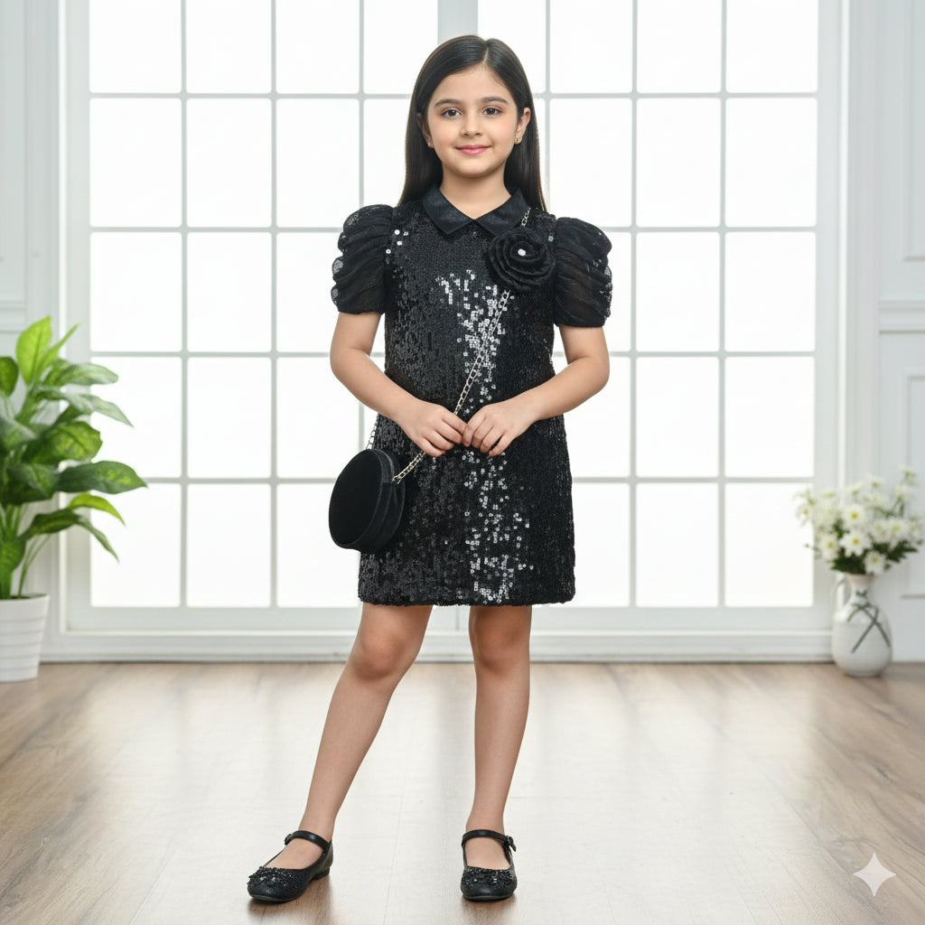 Girls Black Sequin Partywear Midi Dress