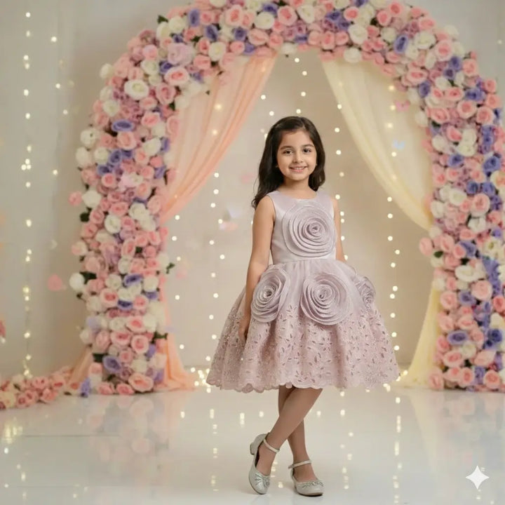 Sky Blue Partywear Frock for Girls with Rose Appliqué Detailing