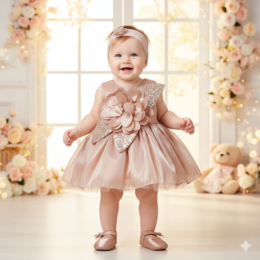 Brown Partywear Baby Frock Set for Girls with Shoes & Hairband