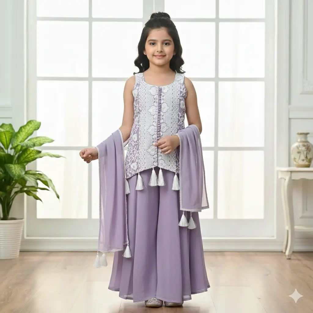 Pastel Lilac Plazo Set with Embroidered Top for Girls