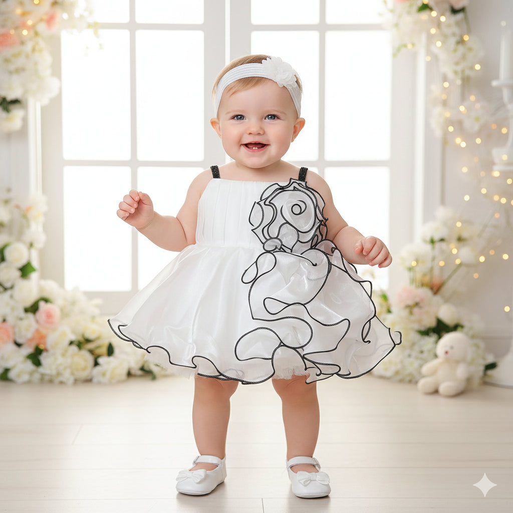 White Designer Partywear Baby Frock Set for Girls with Shoes & Hairband