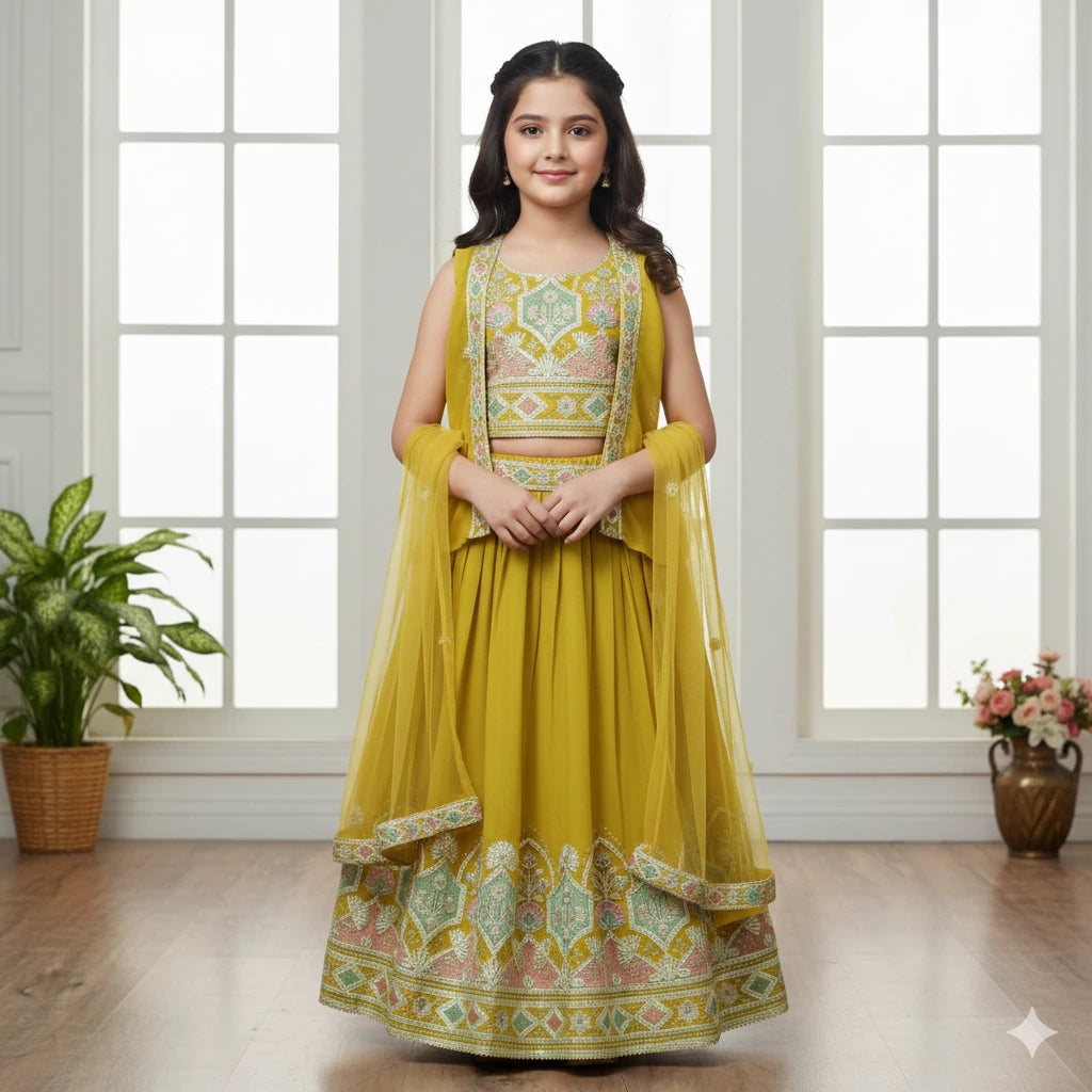 Golden Embroidered Lehenga Choli for Girls
