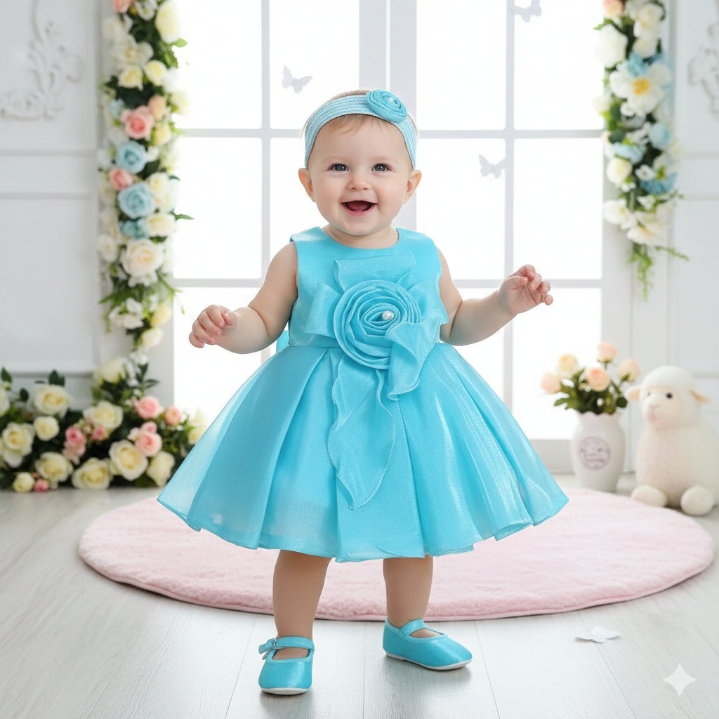 Sky Blue Partywear Frock Set for Girls with Shoes & Hairband