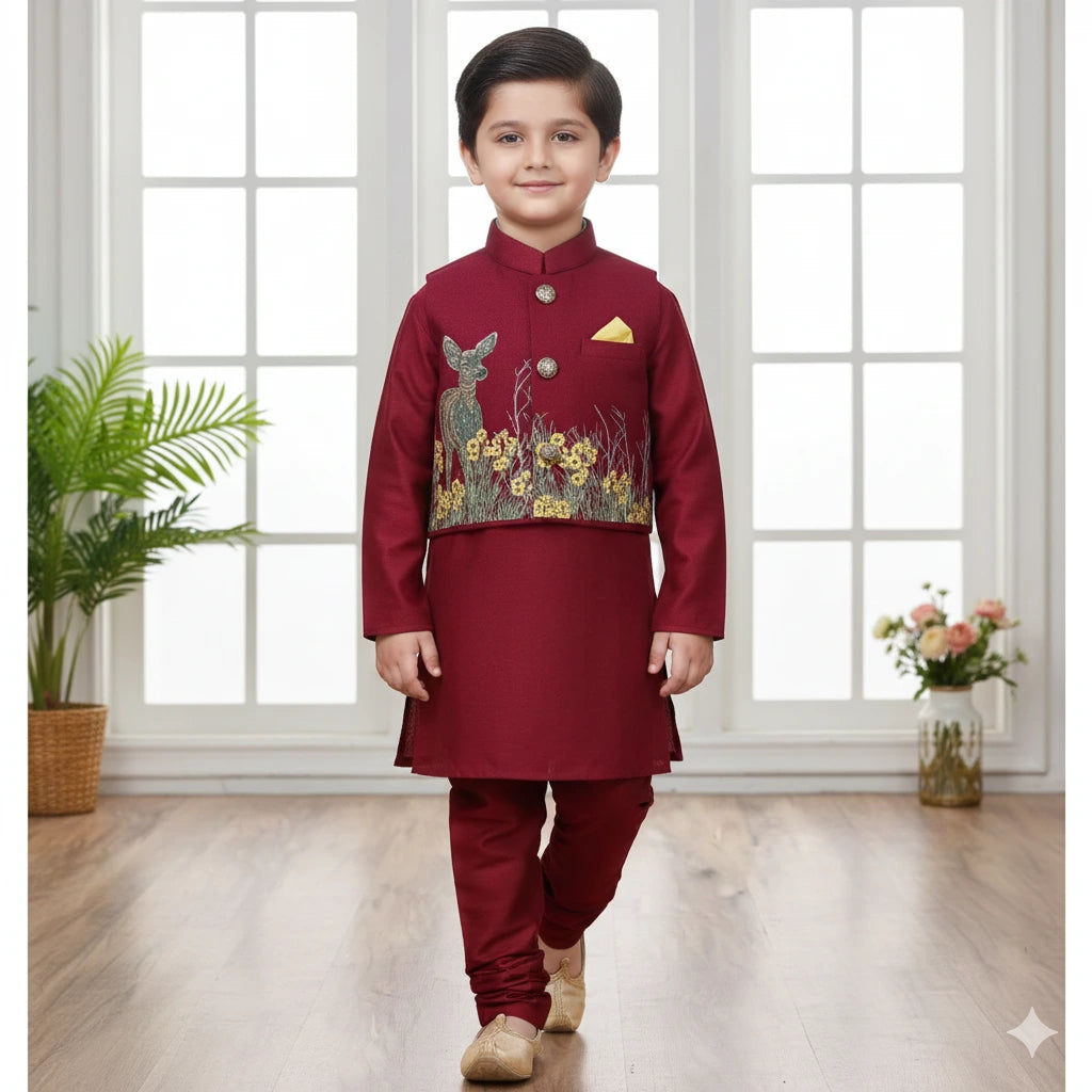 Boys Maroon Kurta Pajama with Embroidered Jacket