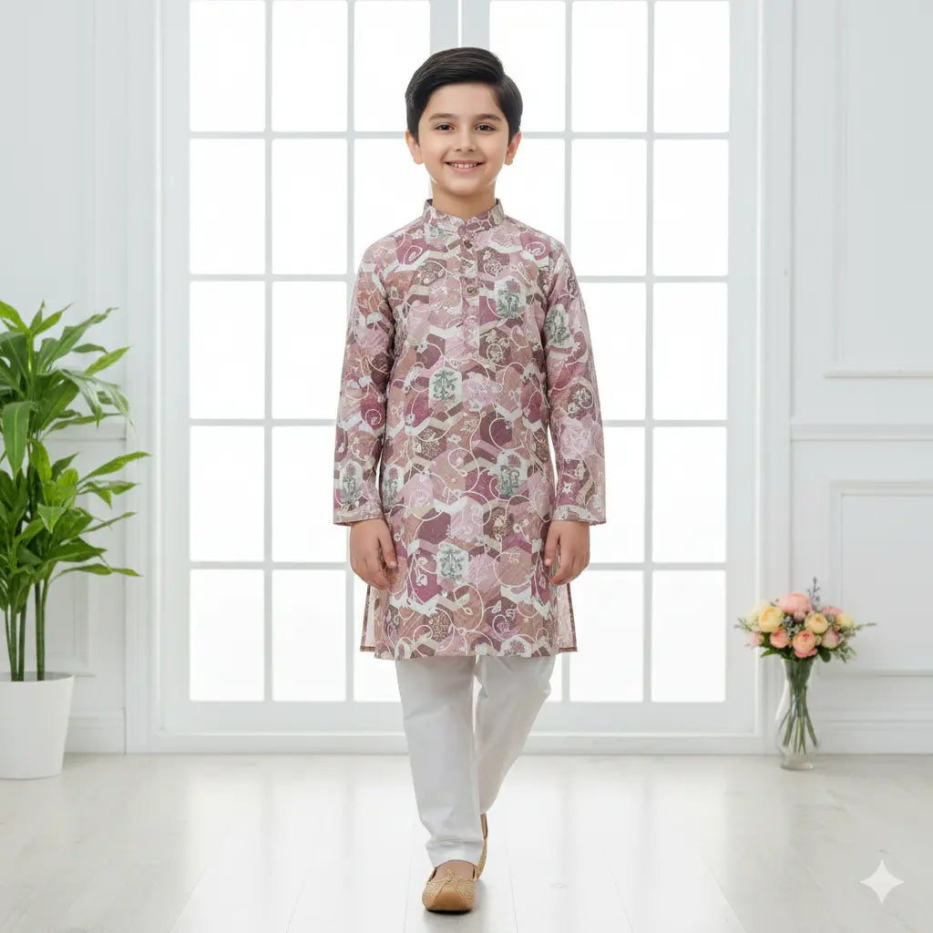 Brown Printed Boys Kurta Pajama Set