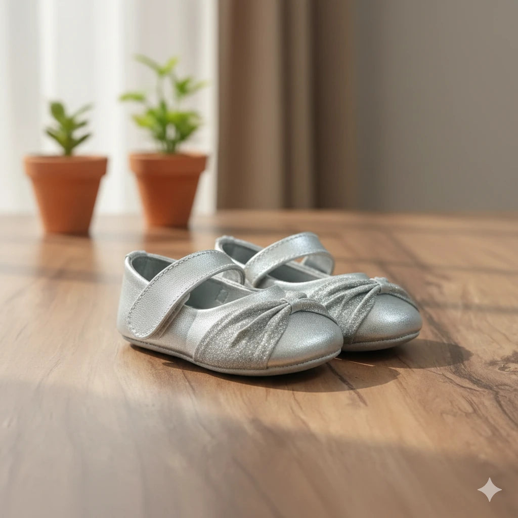 Silver Party Wear Bellies with Bow for Girls