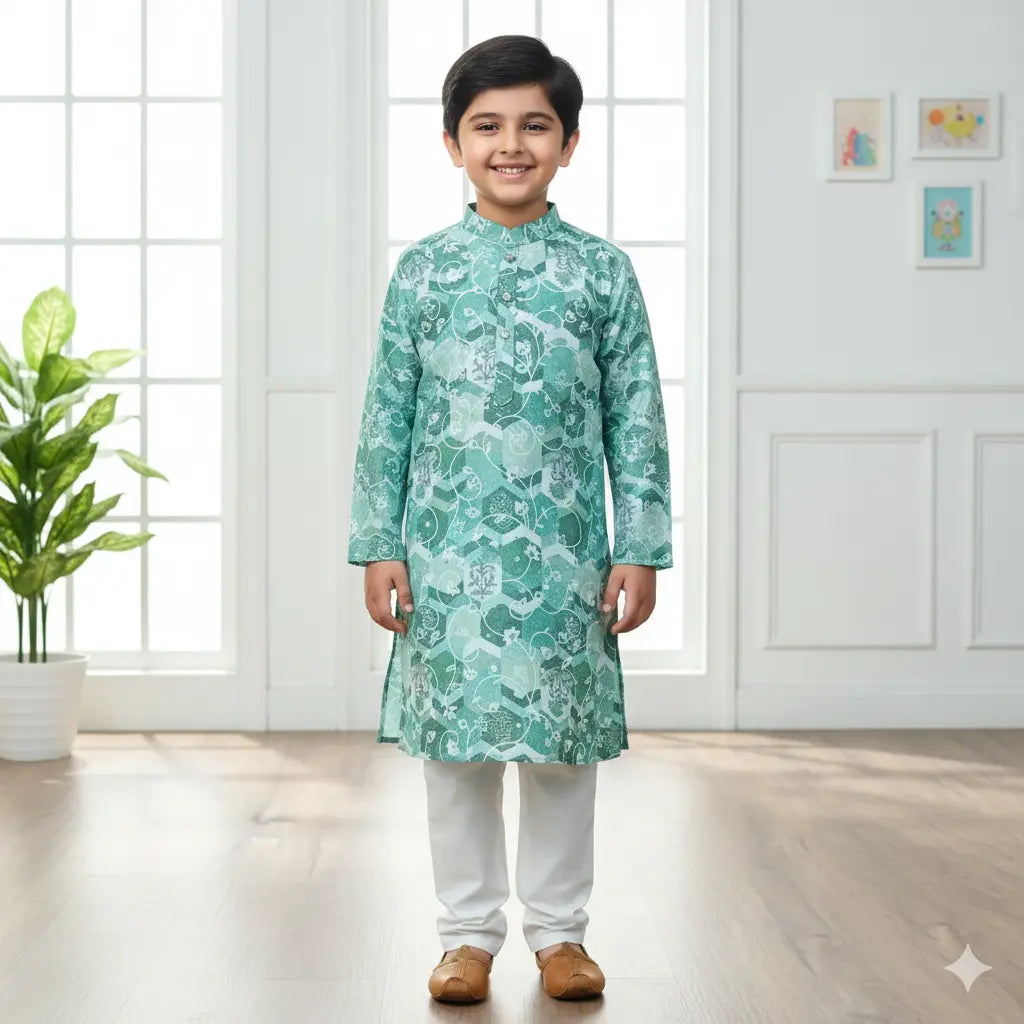 Green Printed Boys Kurta Pajama Set
