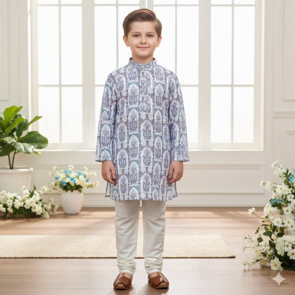 Purple Printed Boys Ethnic Kurta Pajama Set