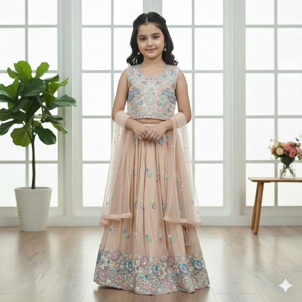Peach Embroidered Lehenga Choli for Girls