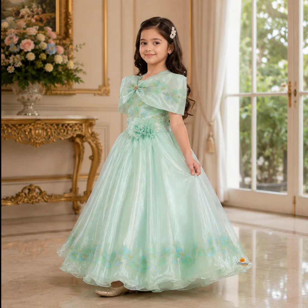 Sea Green Embroidered Gown for Girls