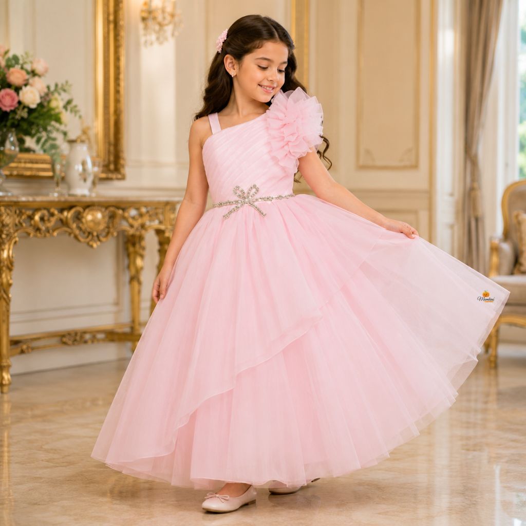 Pink & Sea Green Ruffled Sleeves Girls Gown