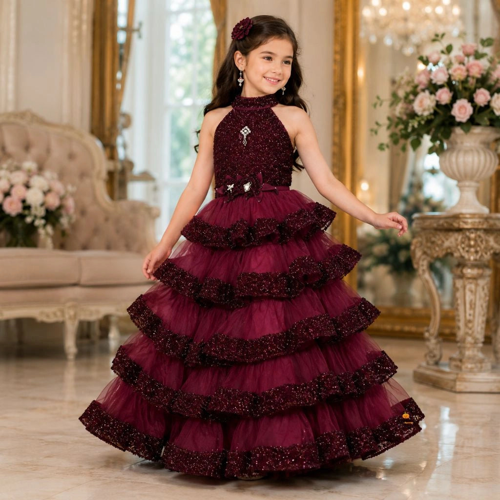 Wine & Navy Blue Layered Girls Gown
