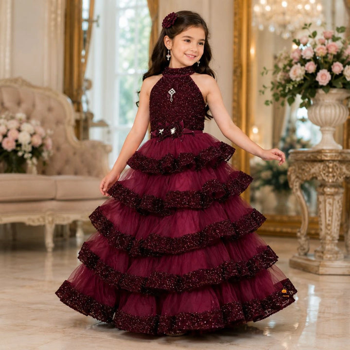 Wine & Navy Blue Layered Girls Gown