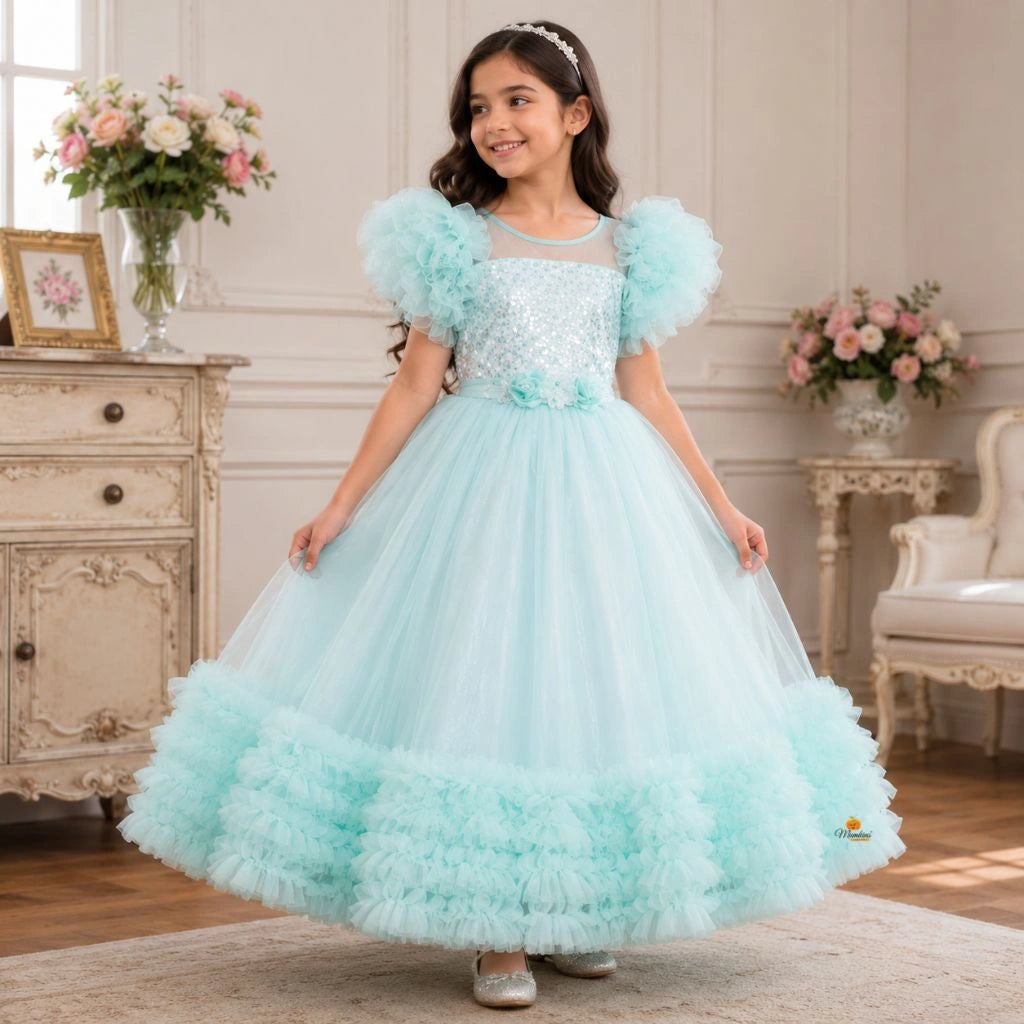 Sea Green & Pink Net Frill Girls Gown
