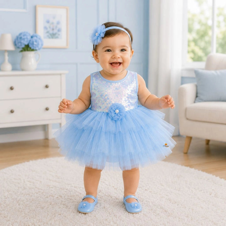 Sky Blue & Peach Sequin Baby Frock