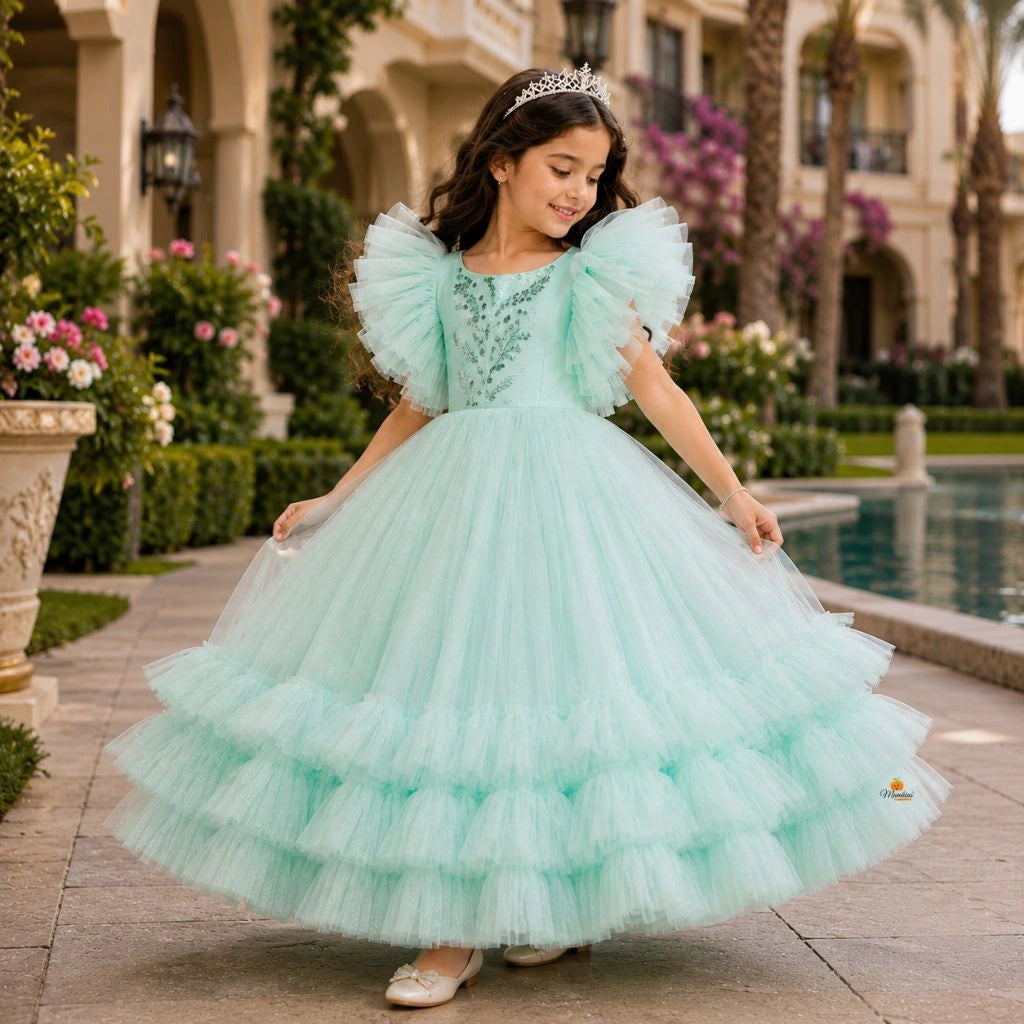 Turquoise Frill Sleeves Girlish Gown