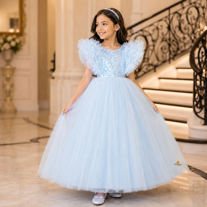 Turquoise Ruffled Sleeves Girls Gown