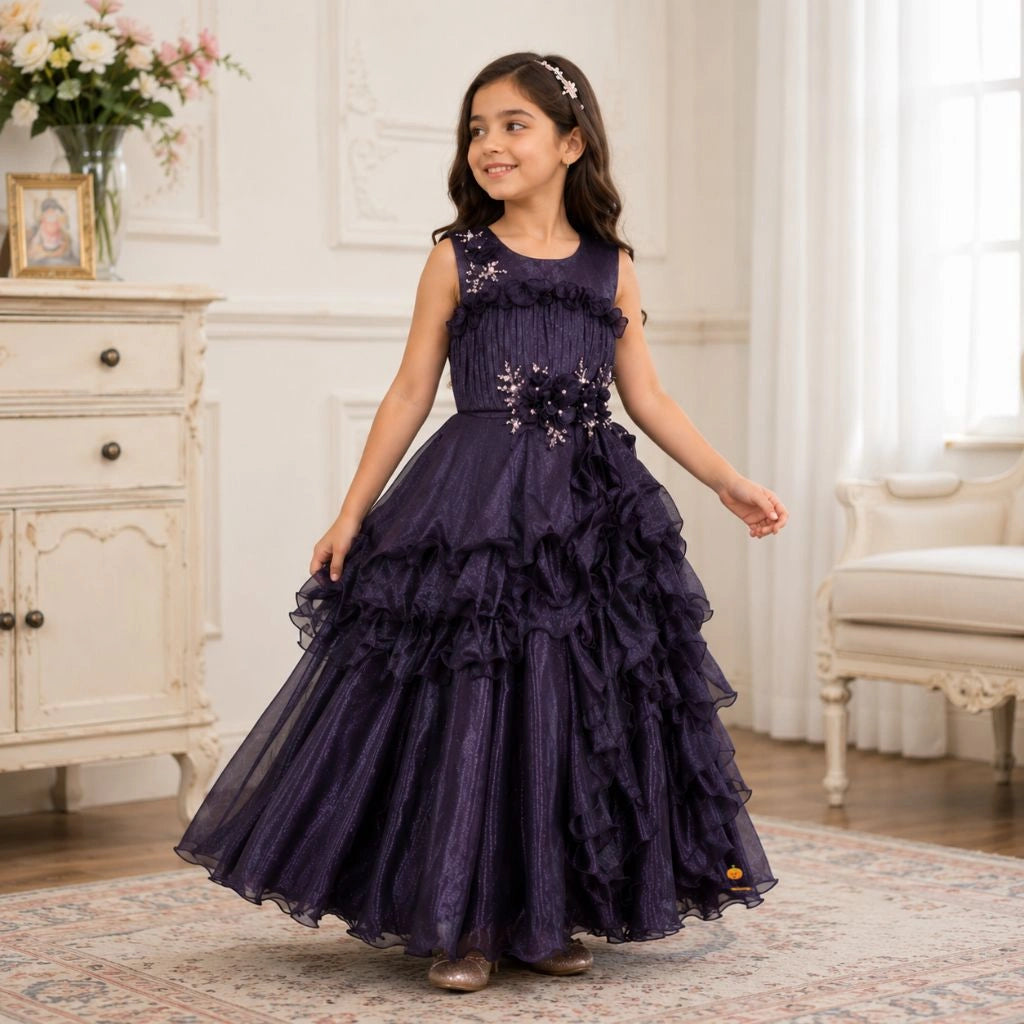 Purple Floral Pattern Girls Gown
