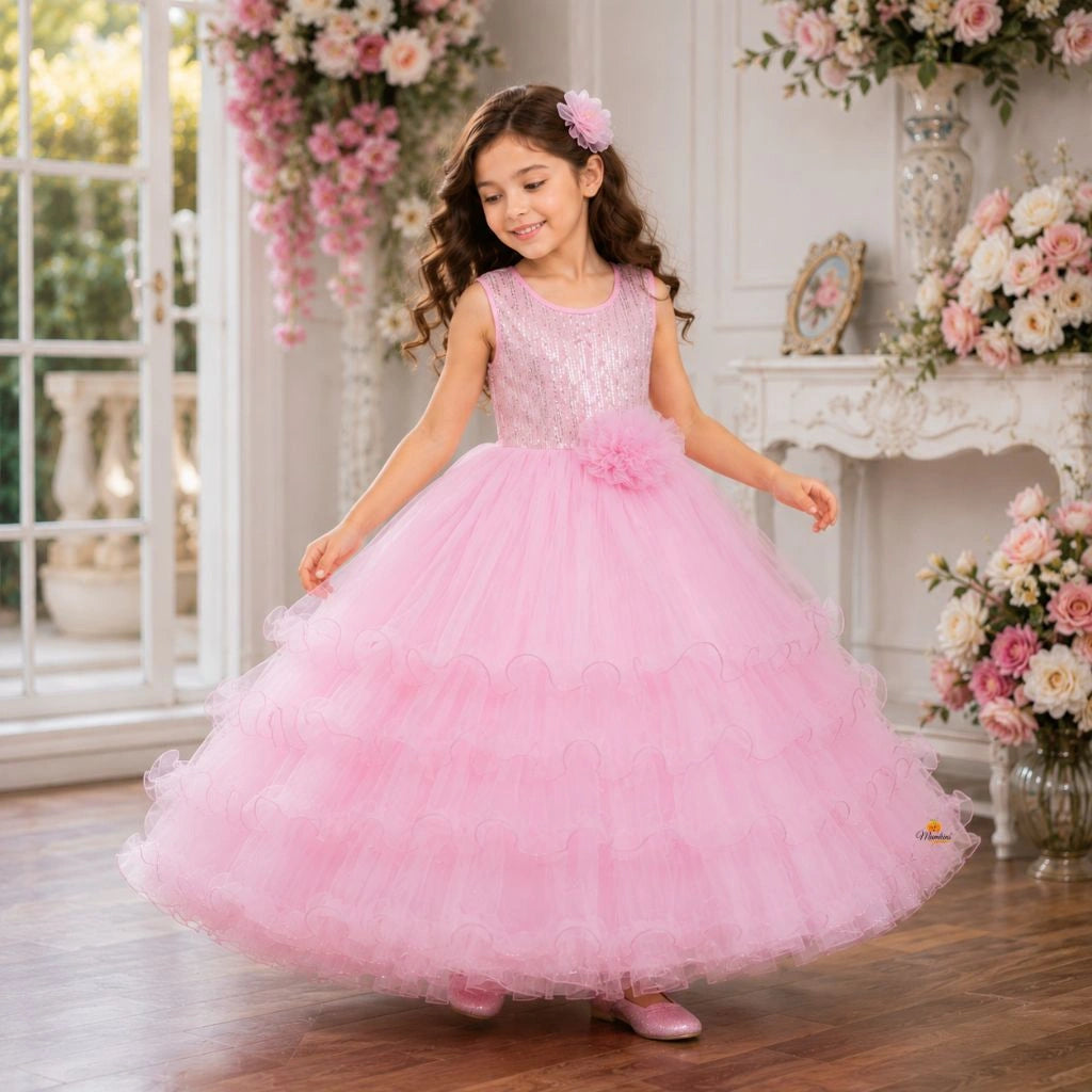 Pink & Sea Green Sequin Gown for Girls