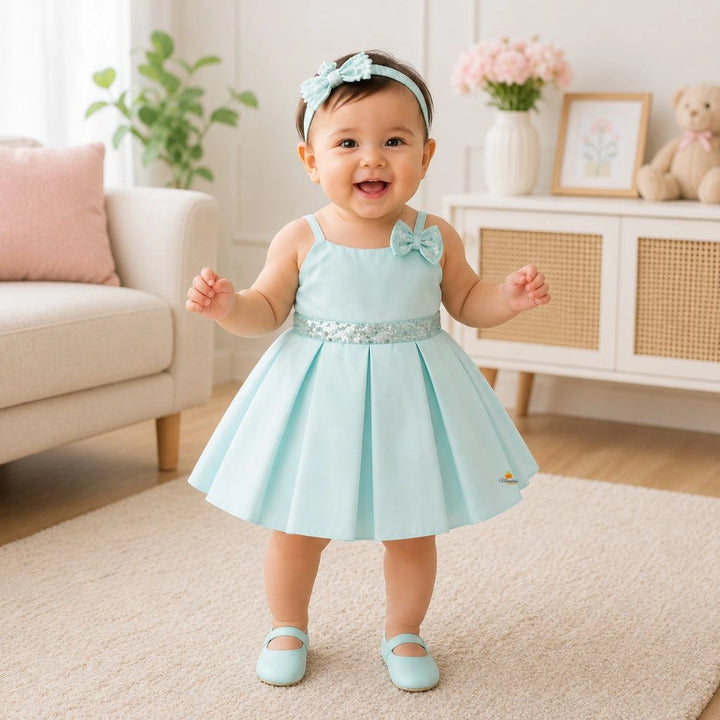 Sequin Bow Baby Frock with Shoes & Hairband