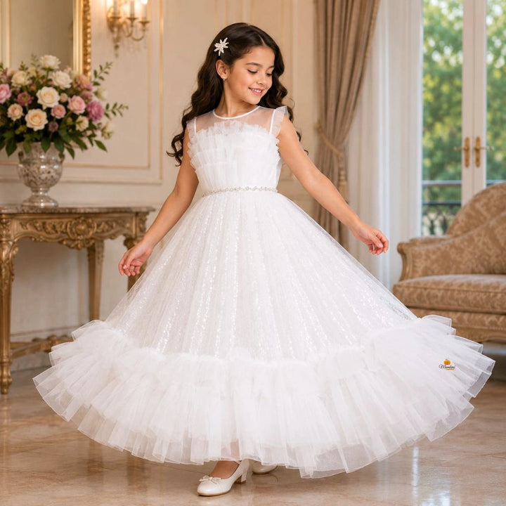 White Long Net Girls Gown
