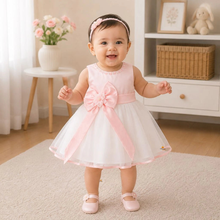 Peach Bow Pattern Baby Frock