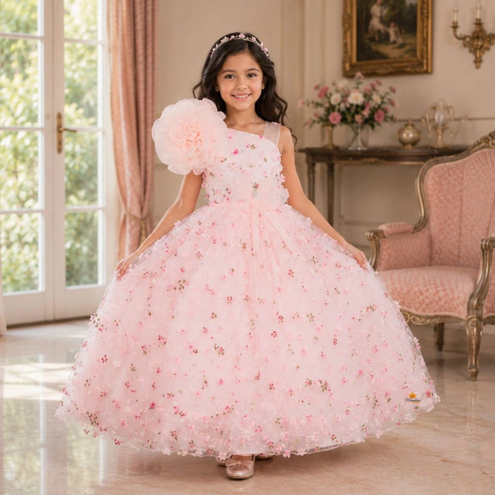 Peach Scattered Flower Girlish Gown