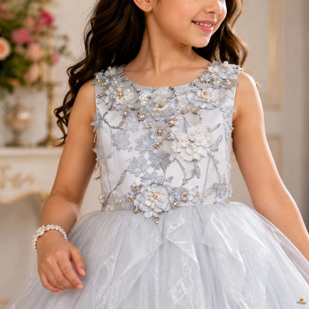 Grey Floral Gown for Girls