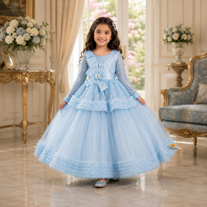 Sky Blue Sequin Layered Girls Gown