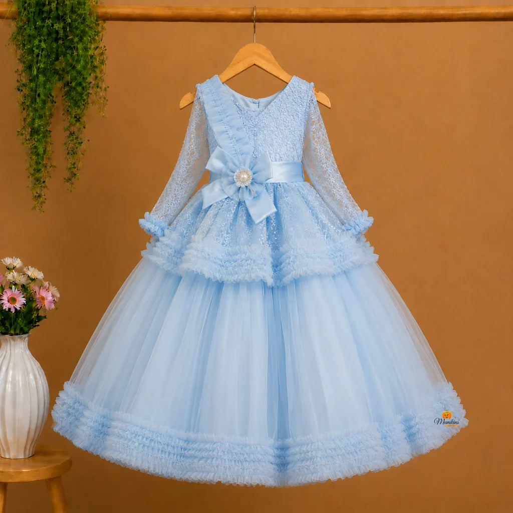 Sky Blue Sequin Layered Girls Gown