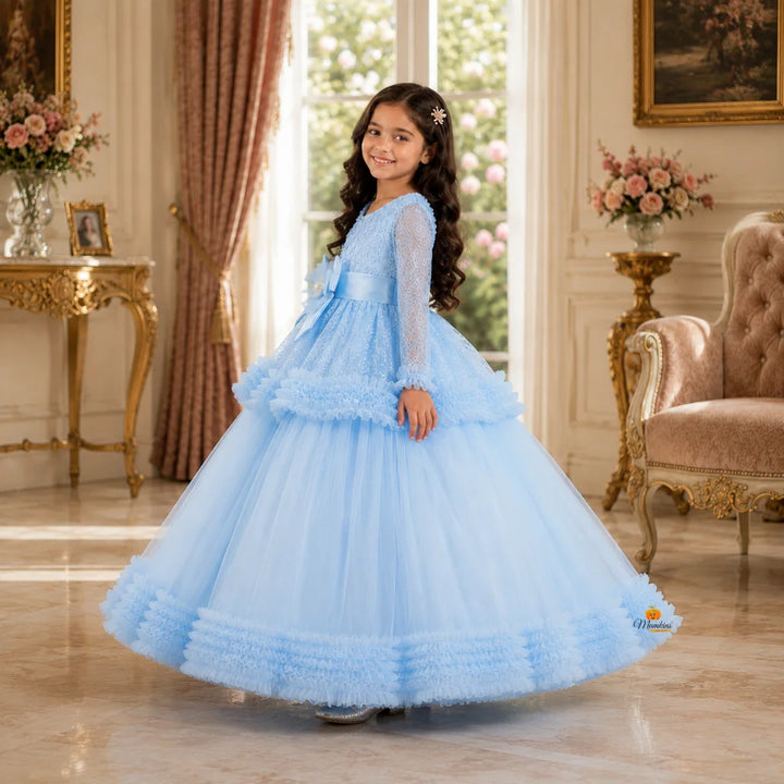 Sky Blue Sequin Layered Girls Gown