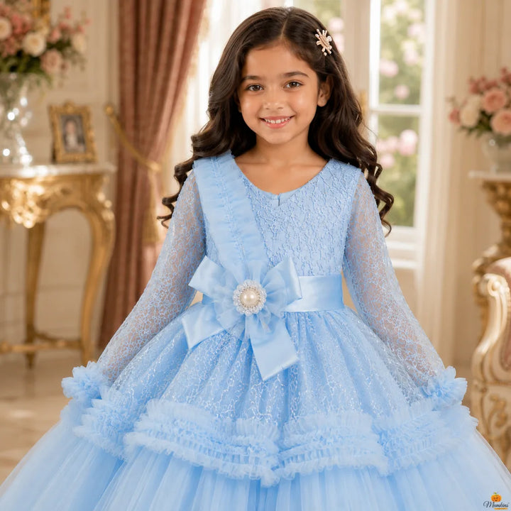 Sky Blue Sequin Layered Girls Gown