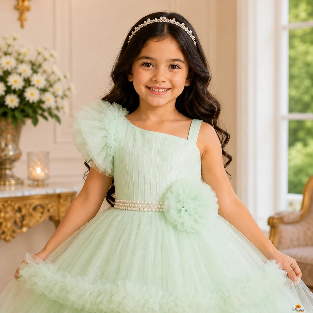 Sea Green Layered Gown for Girls
