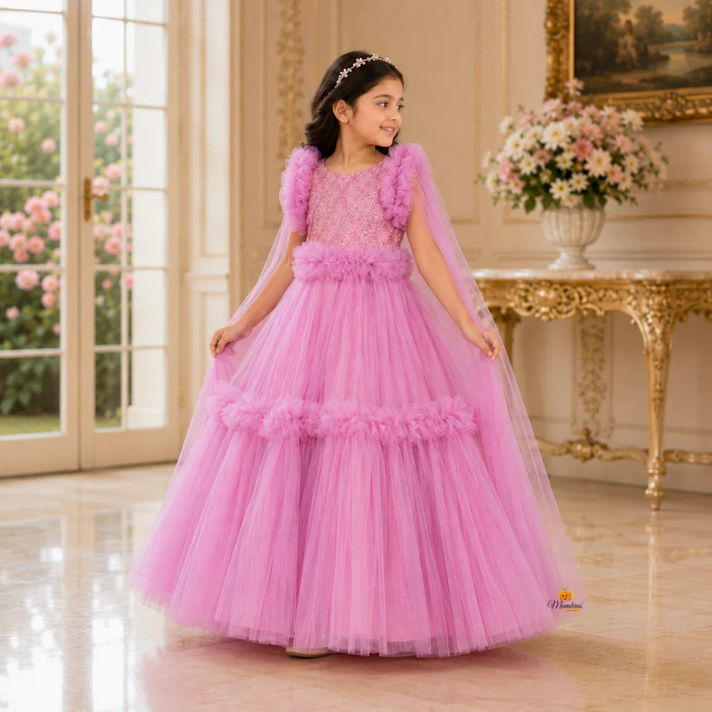 Onion Glittery Full Sleeves Girls Gown