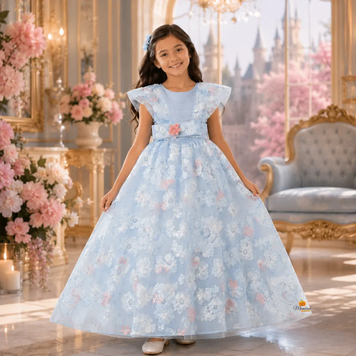 Turquoise Sequin Floral Girls Gown