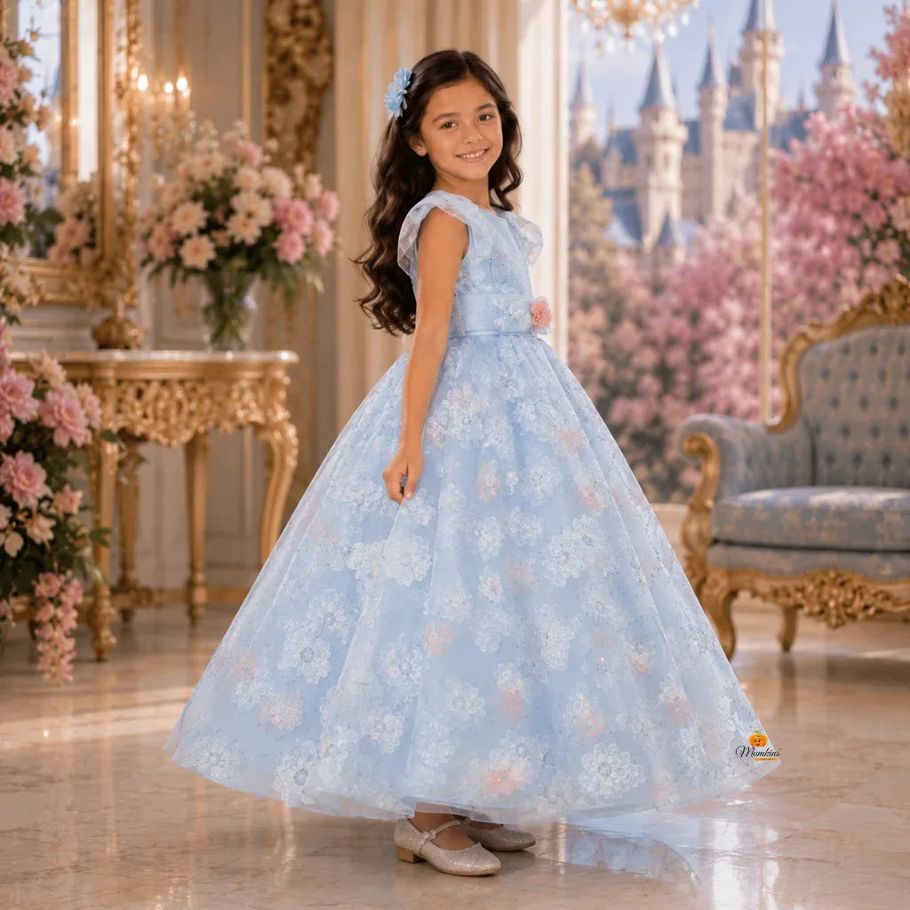 Turquoise Sequin Floral Girls Gown